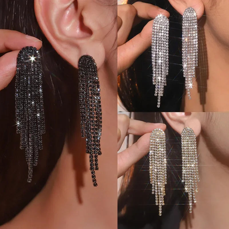Long Tassel Drop Rhinestone Earrings
