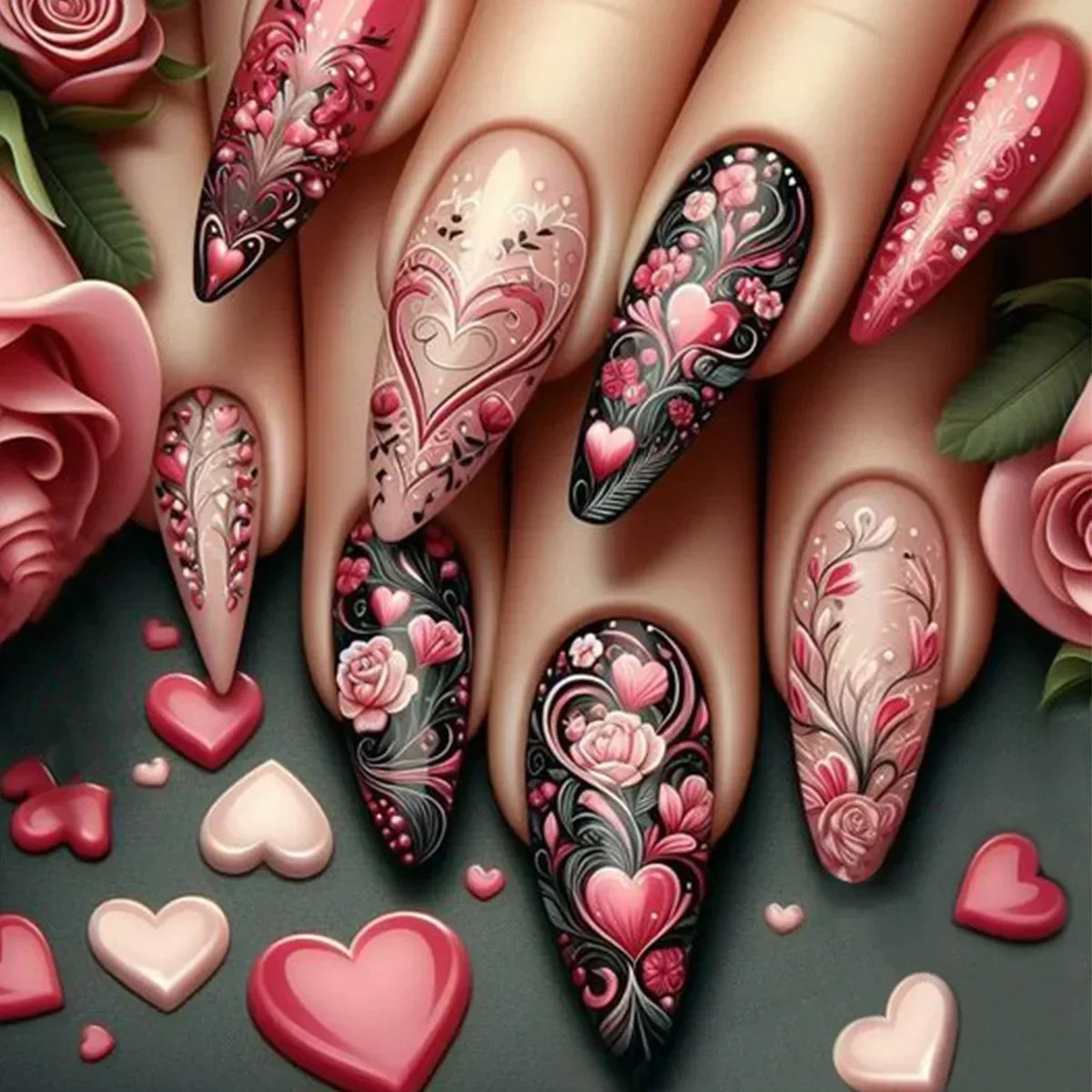 Matte Almond Nails with Elegant Rose Leaf Design