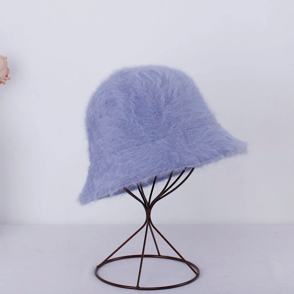 Women Bucket Fur Hat Solid Color Knitted Wool