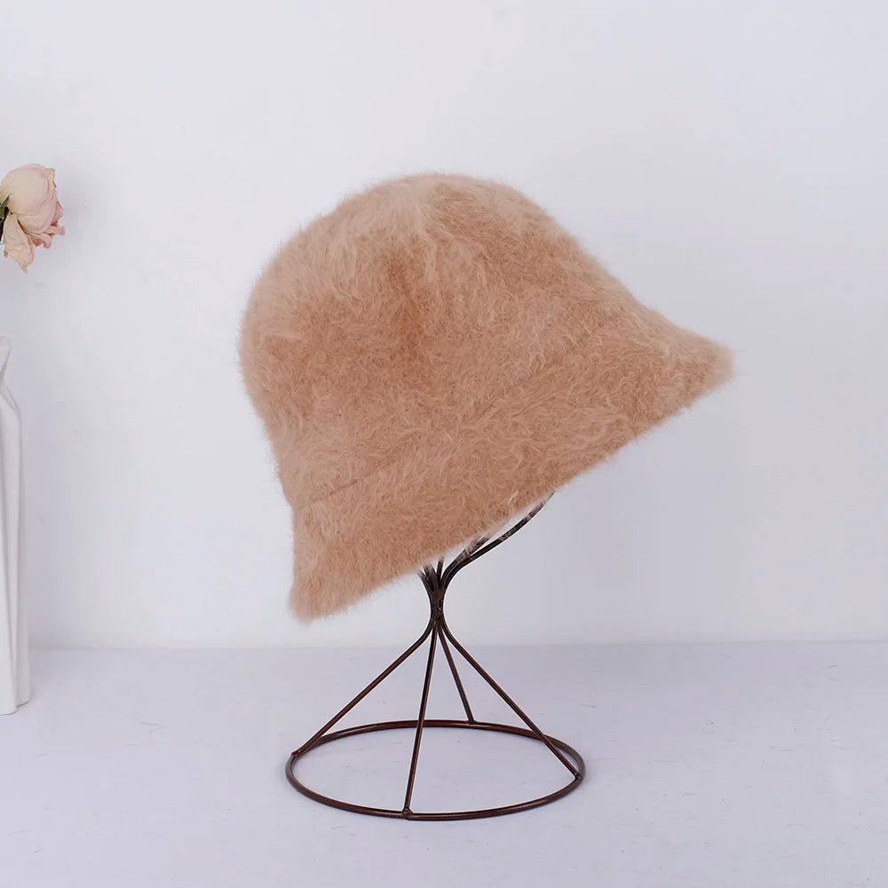Women Bucket Fur Hat Solid Color Knitted Wool