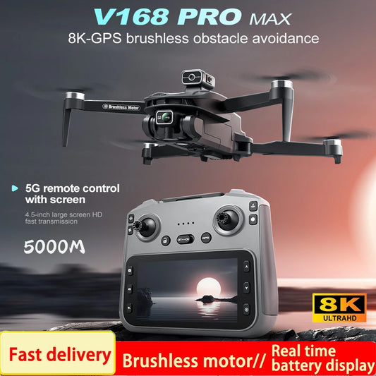 V168 Pro MAX GPS Drone with 8K HD Camera, 5G WIFI FPV, 360° Obstacle Avoidance & Large Screen RC Quadcopter