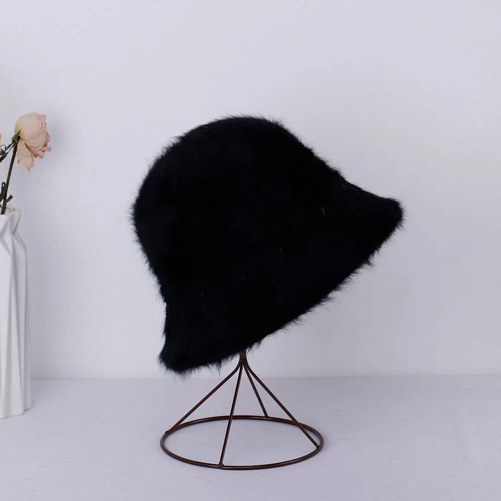 Women Bucket Fur Hat Solid Color Knitted Wool