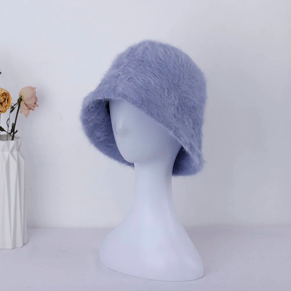 Women Bucket Fur Hat Solid Color Knitted Wool