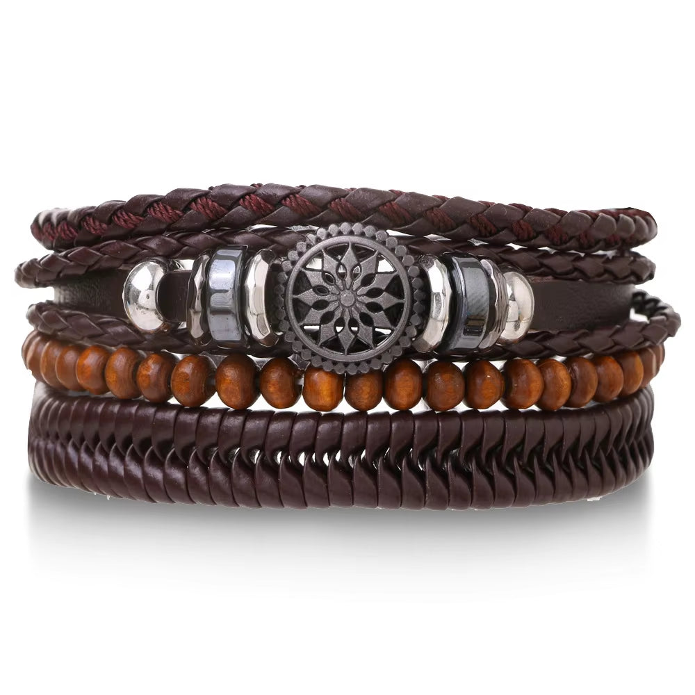 4Pcs Set Braided Wrap Leather Bracelets