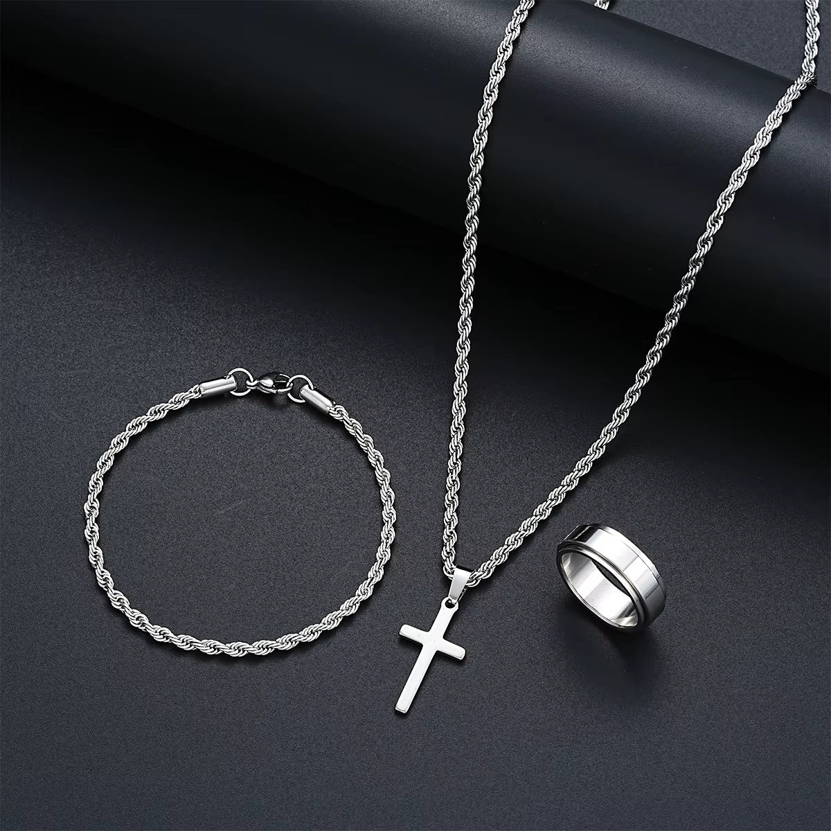 Stainless Steel Ring Bracelet Necklace Set