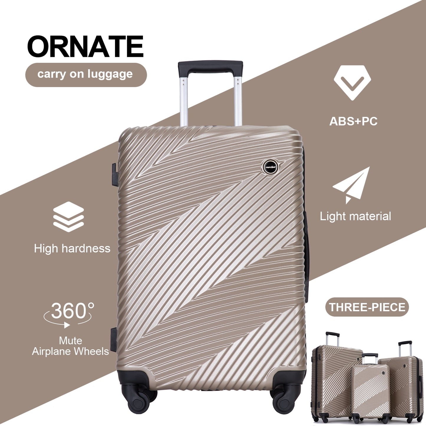 Luggage 3 Piece Set, Suitcase Set with Spinner Wheels Hardside Lightweight Luggage Set 20In 24In 28In (Golden)