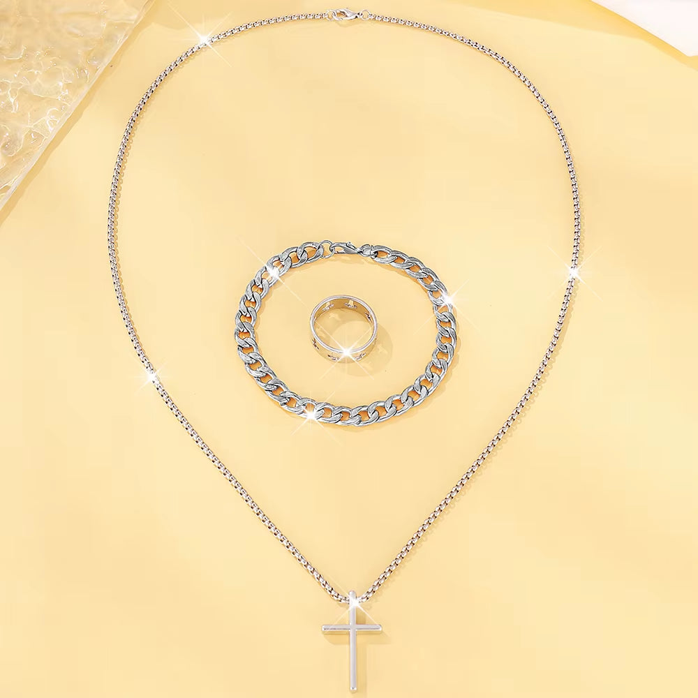 3Pcs Alloy Cross Necklace Bracelet & Ring Set