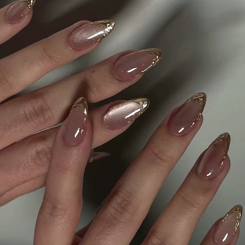 Metallic Cat Eye French Press On Nails Nude Pink Almond