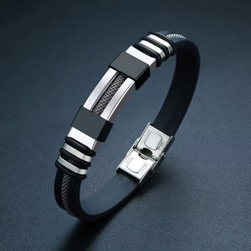 Black Grooved Silicone Stainless Steel Wrist Band