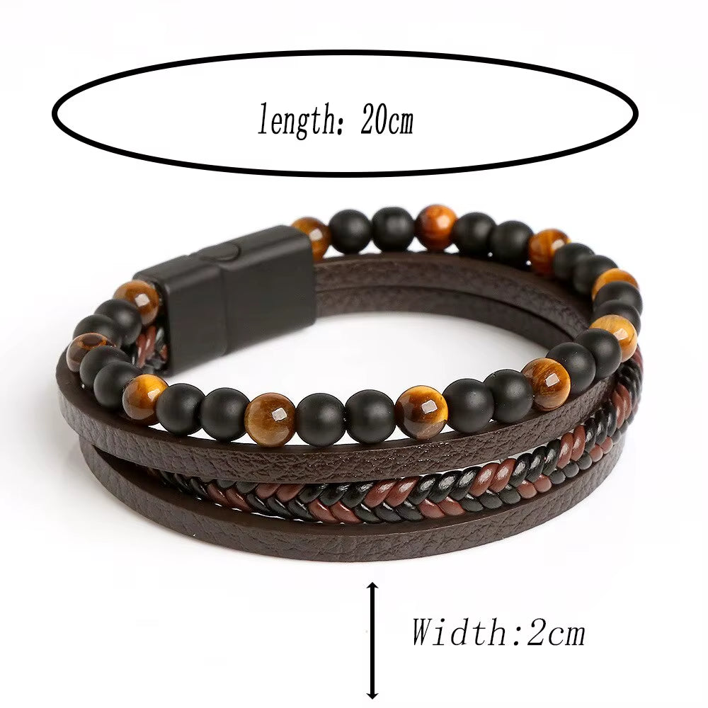 Tiger Eye Beaded Multi Layer Leather Bracelet