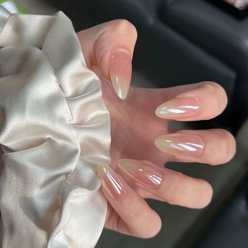 Metallic Cat Eye French Press On Nails Nude Pink Almond