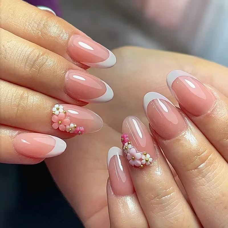 Matte Almond Nails with Elegant Rose Leaf Design