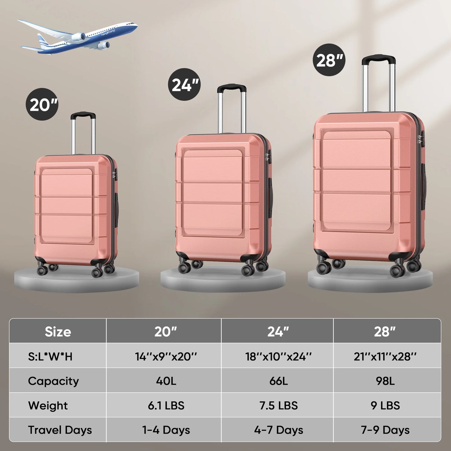 3 Piece Suitcase Luggage Set - Rose Gold