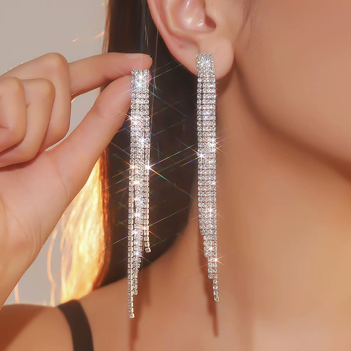 Shiny Rhinestone Crystal Tassel Long Earrings