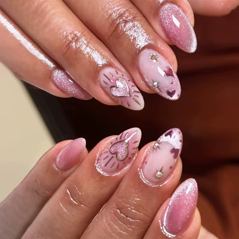 Metallic Cat Eye French Press On Nails Nude Pink Almond
