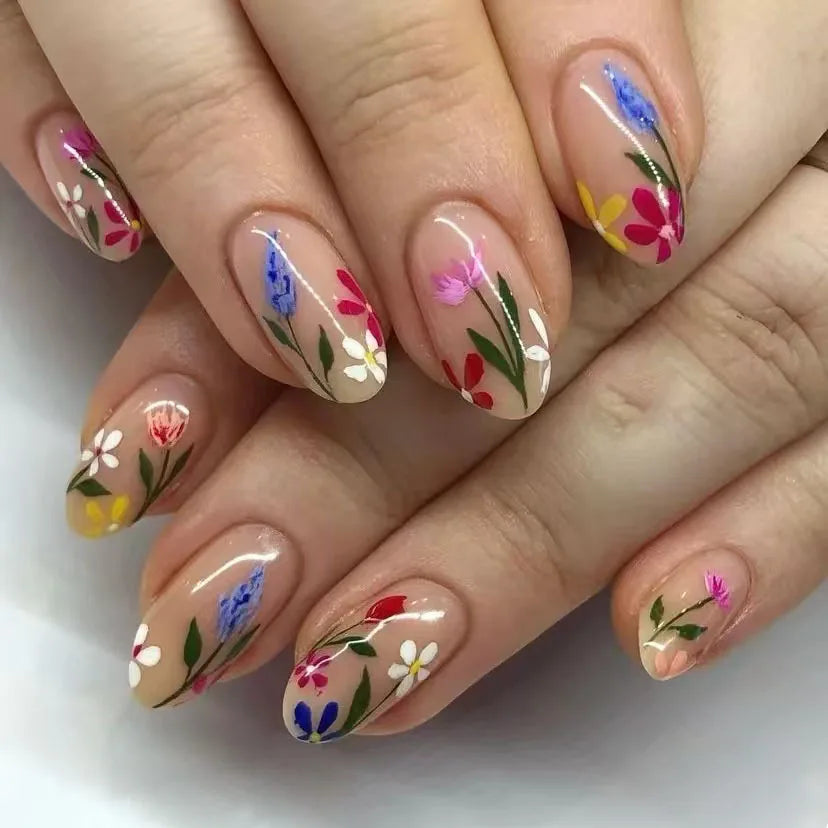 Matte Almond Nails with Elegant Rose Leaf Design