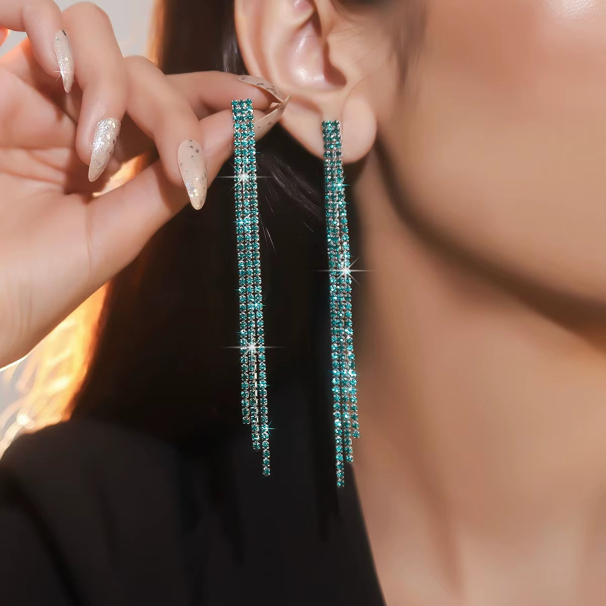 Shiny Rhinestone Crystal Tassel Long Earrings