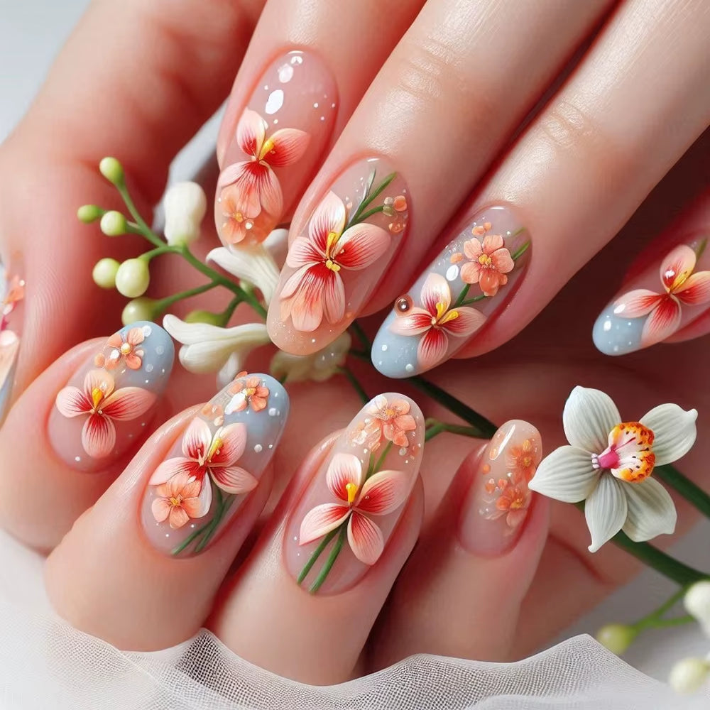 Matte Almond Nails with Elegant Rose Leaf Design