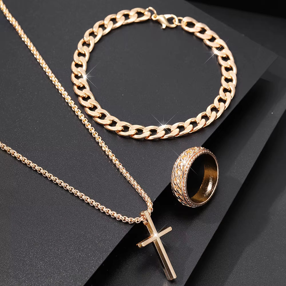 3Pcs Alloy Cross Necklace Bracelet & Ring Set