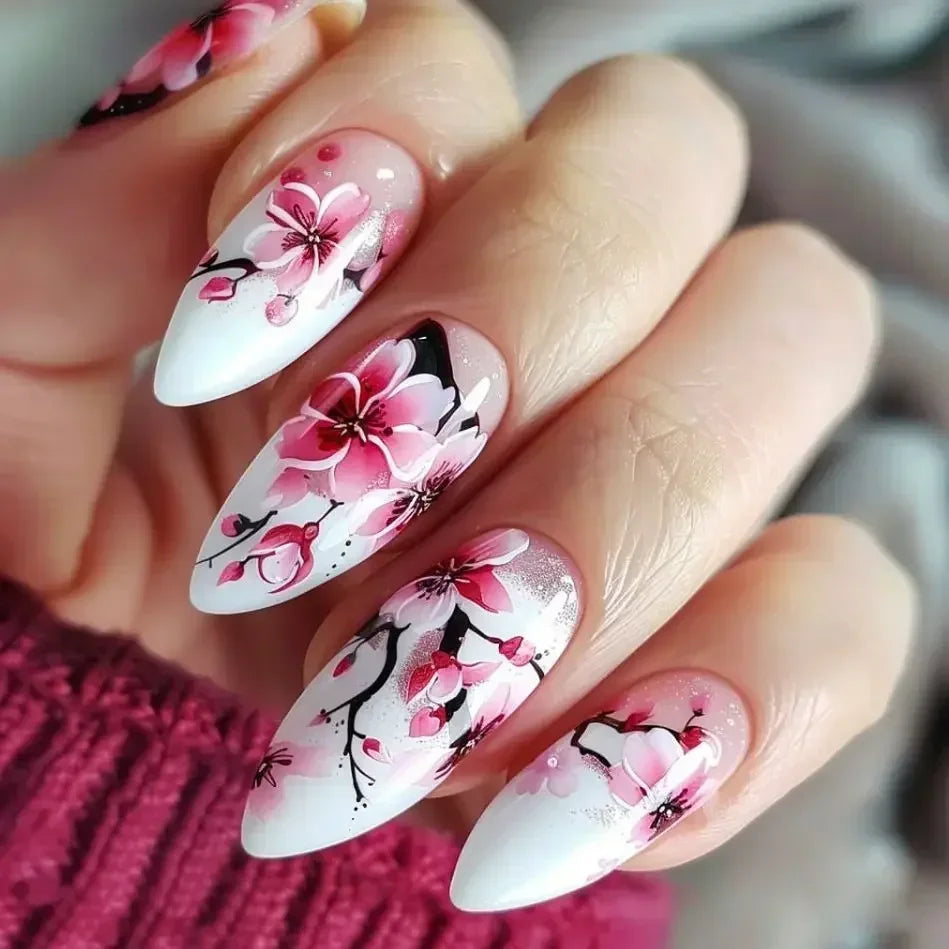 Matte Almond Nails with Elegant Rose Leaf Design