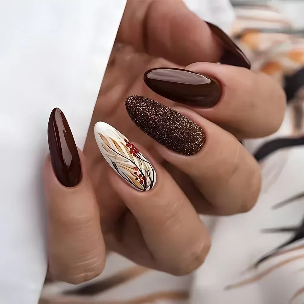 Matte Almond Nails with Elegant Rose Leaf Design