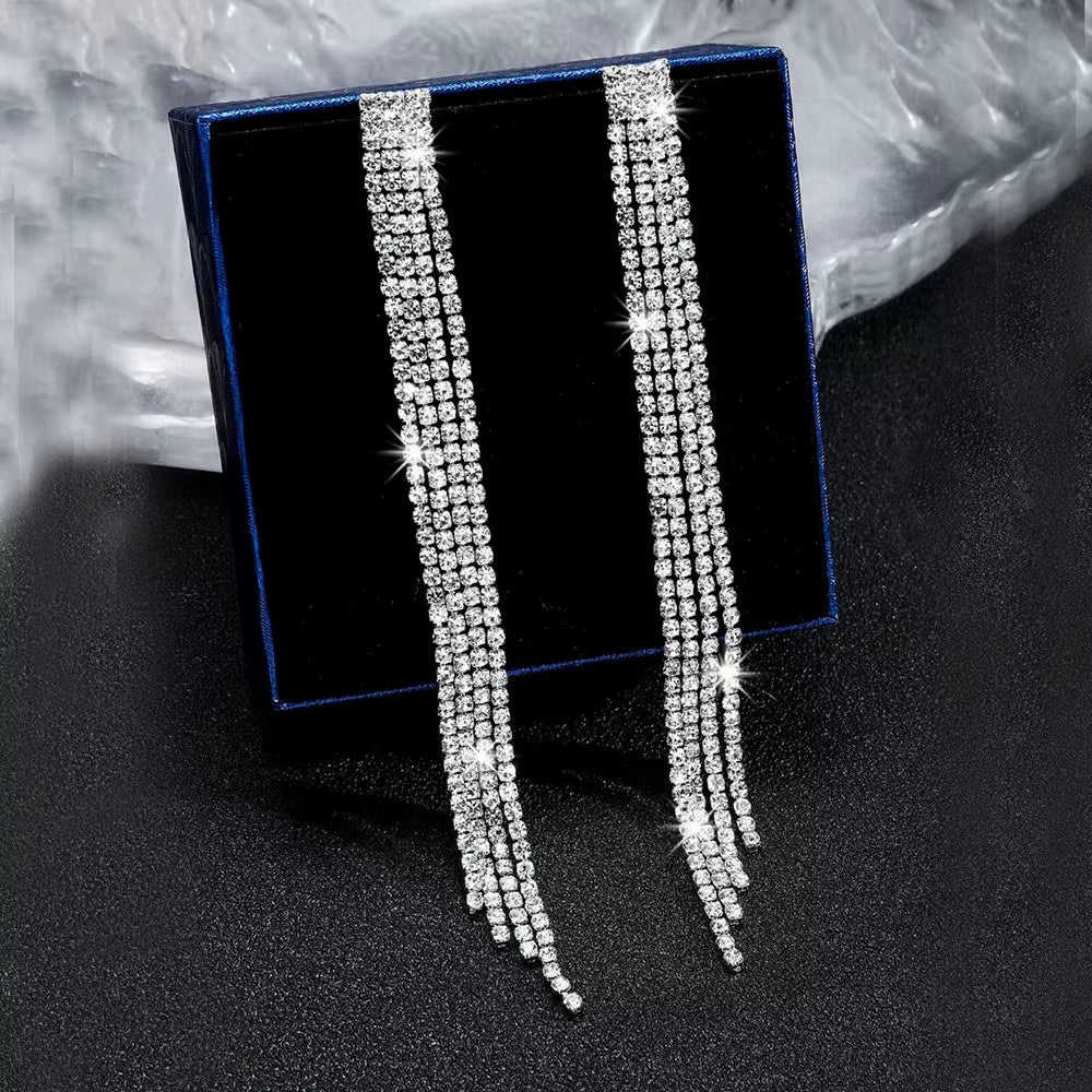 Shiny Rhinestone Crystal Tassel Long Earrings