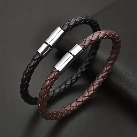 2PCS Black plus Brown PU Leather Magnetic Suction Bracelet
