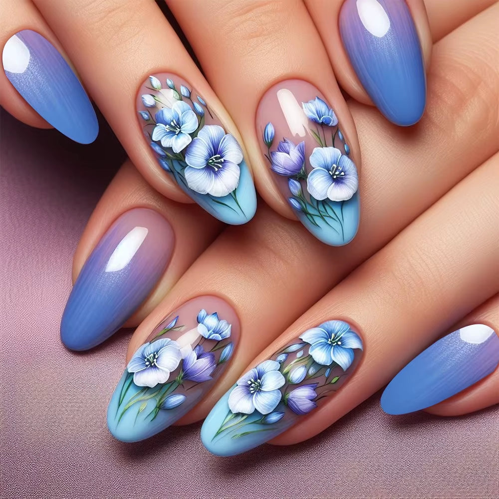Matte Almond Nails with Elegant Rose Leaf Design
