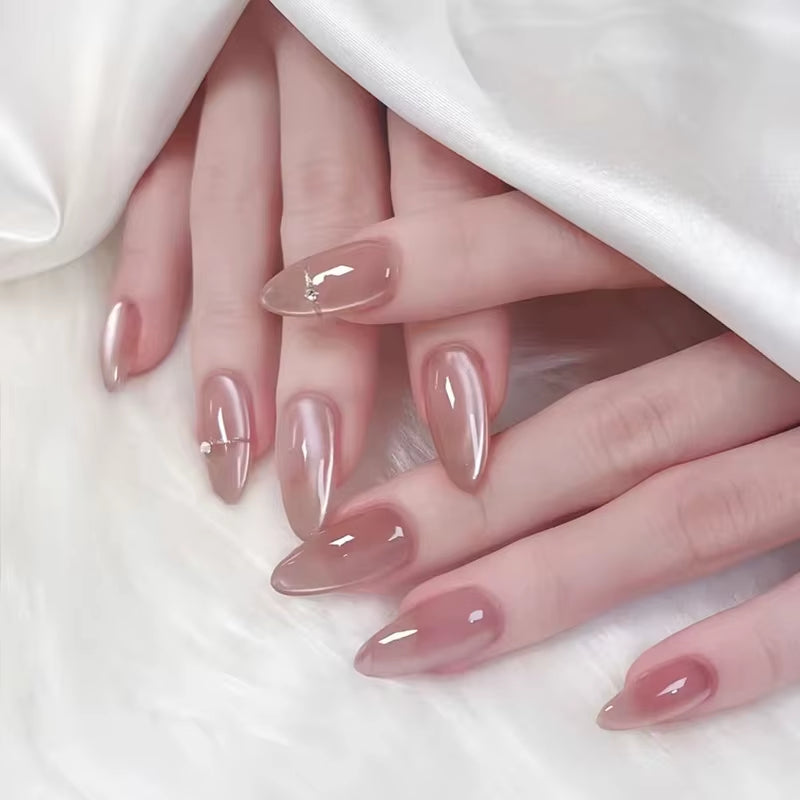 Metallic Cat Eye French Press On Nails Nude Pink Almond