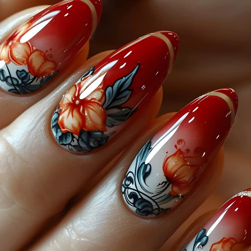 Matte Almond Nails with Elegant Rose Leaf Design