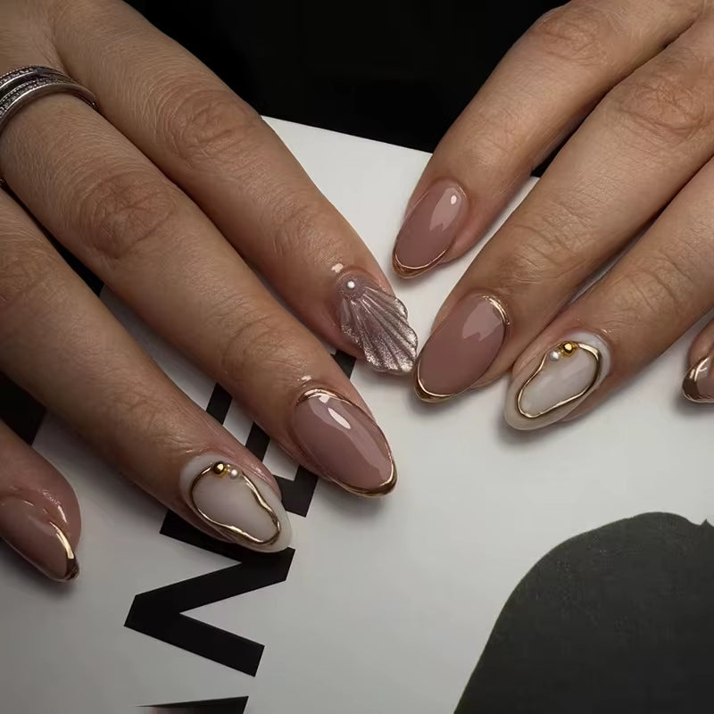 Metallic Cat Eye French Press On Nails Nude Pink Almond